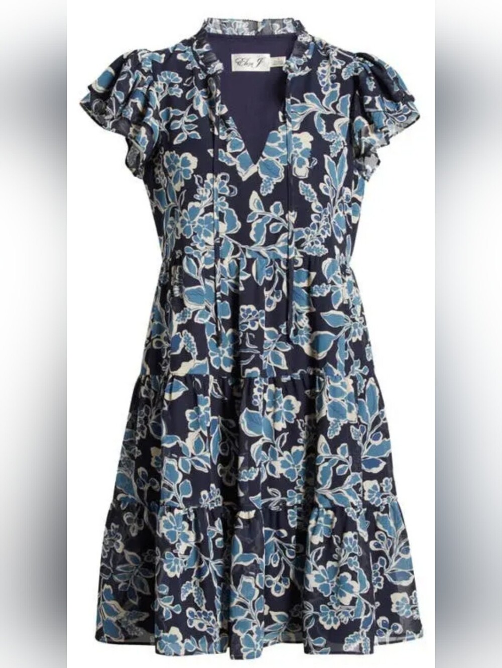 ​Eliza J Flutter Sleeve Tiered Dress Blue Floral Chiffon Mini Boho V Neck Size 2